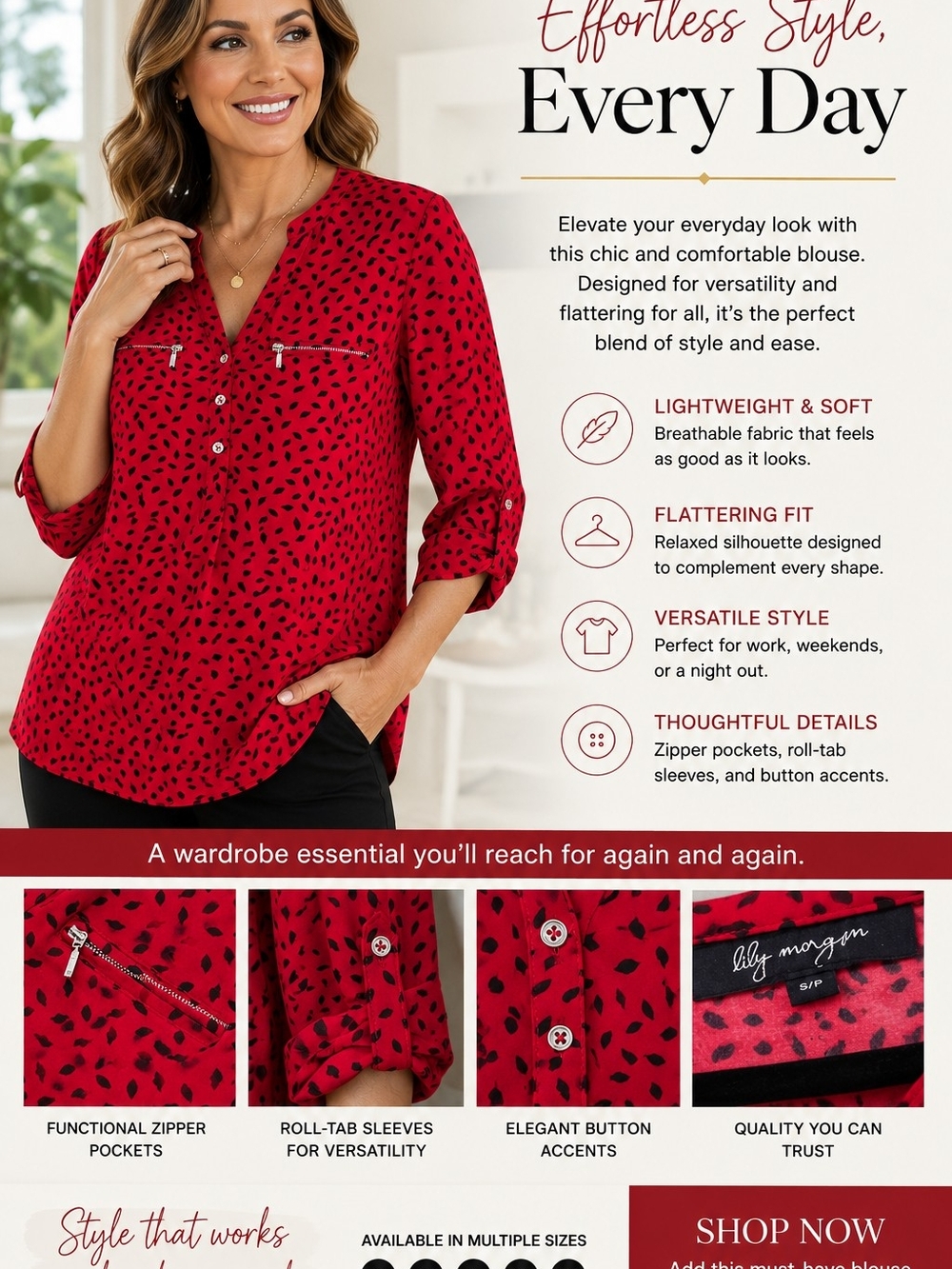 Red Printed Roll-Sleeve Blouse